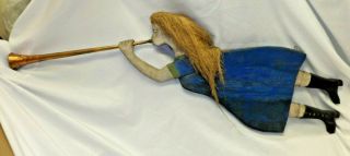 Vintage Folk Art Wooden Hand Carved Lady With Rope Hair Playing A Trumpet