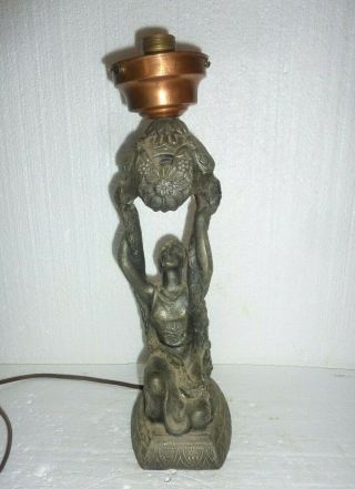 Antique Art Nouveau Lady Goddess Figural Cast Metal Table Lamp 16 " Tall