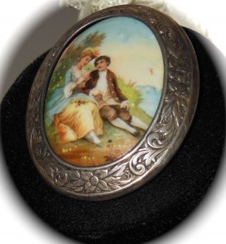 Antique 1800s Victorian Ornate Silver Porcelain Brooch
