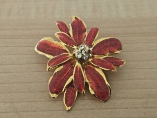 Vintage Red Enamel And Rhinestone Flower Brooch