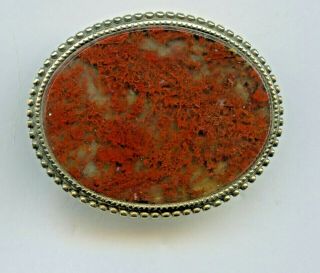 Antique Scottish Moss Agate Sterling Silver 1 1/4 " Oval Beaded Border Brooch Pin