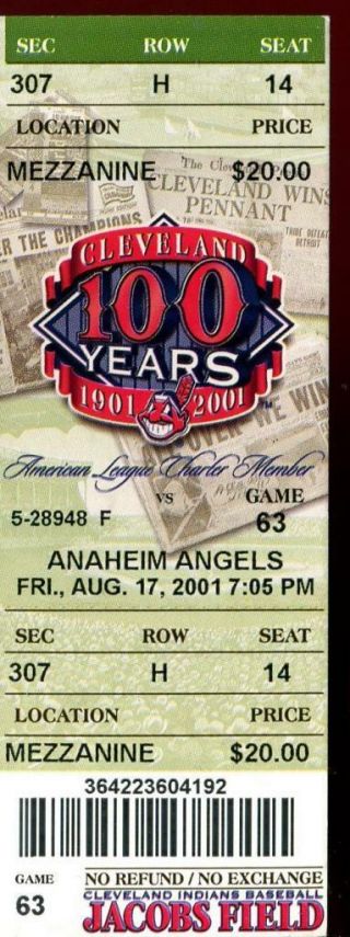 Baseball Ticket Cleveland Indians 2001 8/17 Anaheim Angels