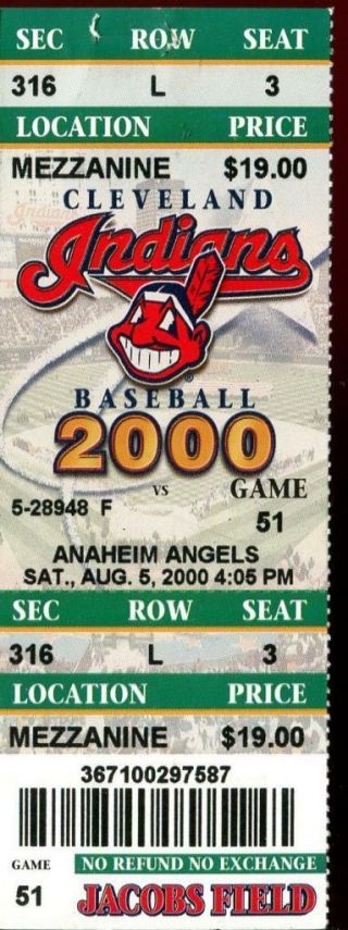 Baseball Ticket Cleveland Indians 2000 8/5 Anaheim Angels