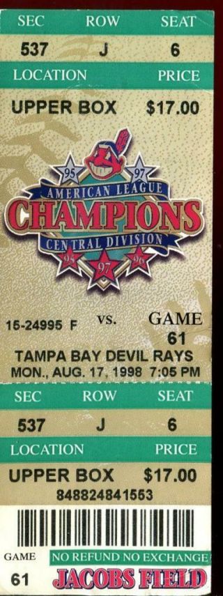 Baseball Ticket Cleveland Indians 1998 8/17 Tampa Bay Devil Rays