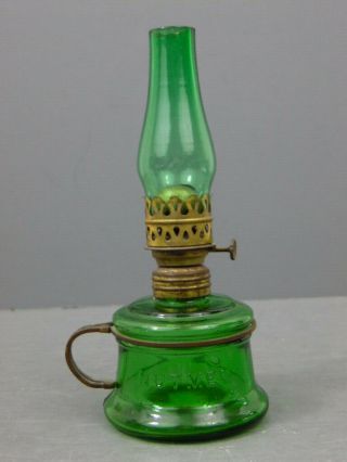 Antique Green Glass Embossed Nutmeg Miniature Kerosene Oil Lamp Wire Bale S1 - 29
