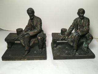 Antique Bronze Bookends President Abraham Lincoln Sitting On Bench Ronson