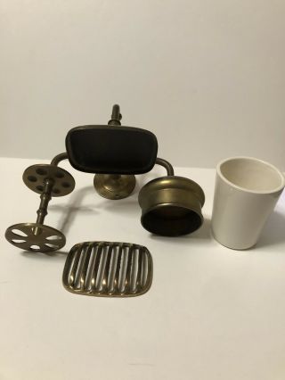 Vintage Antique Solid Brass Toothbrush,  Soap Dish & Cup And Holder 1900 