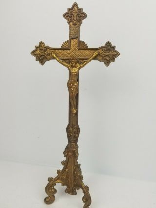 Vintage Antique Brass Gold Large Crucifix Stand Jesus On The Cross 12 Inches