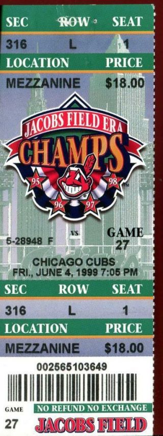 Baseball Ticket Cleveland Indians 1999 6/4 Chicago Cubs