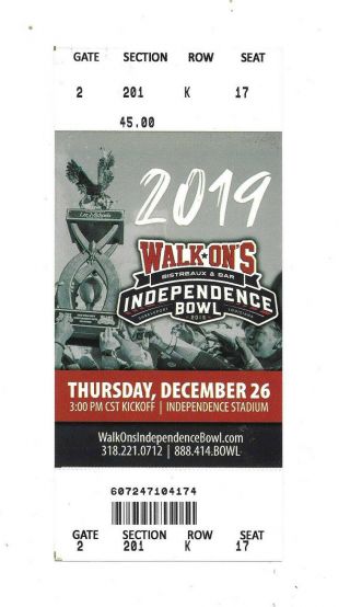Independence Bowl - Full Ticket - Dec 26th,  2019 - Louisiana Tech 14 - Miami 0