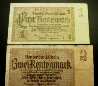 1937 - 1 Rentenmark And 2 Rentenmark Germany Vintage Nazi Money Banknote