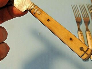 ANTIQUE (12) pc.  Bone Flatware Set Fork & Knife Pewter Inlay Civil War Era ? 3