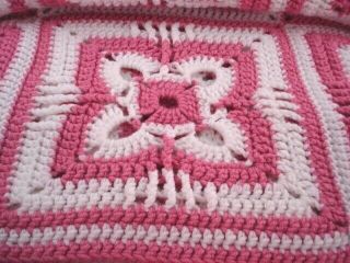 Hand Crochet Afghan Blanket Throw Rose Pink & White 66x52 " 4 Pointed Star Euc
