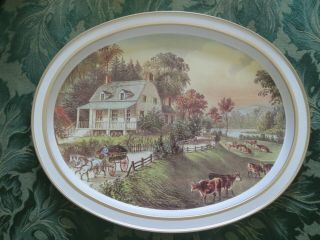 Vintage Christmas Cookie Tin Tray Currier & Ives Summer Oval