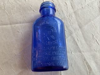 Vintage 5” Blue Bottle Embossed Milk Of Magnesia,  Trade Mark,  Glenbrook,  Conn