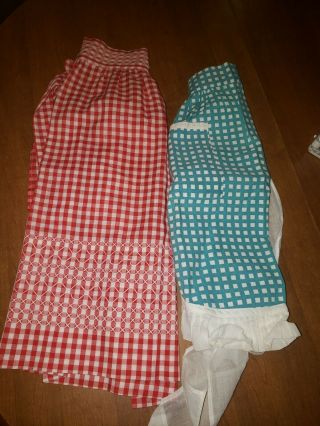2 Vintage Handmade Half Apron With Pocket Red & White Check & Blue Embroidered