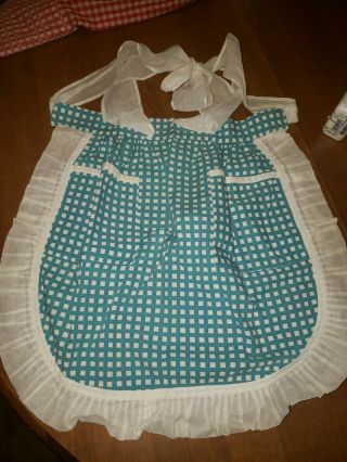 2 Vintage Handmade Half Apron With Pocket Red & White Check & Blue Embroidered 2
