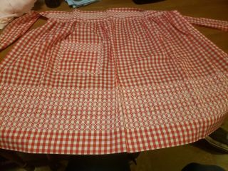 2 Vintage Handmade Half Apron With Pocket Red & White Check & Blue Embroidered 3