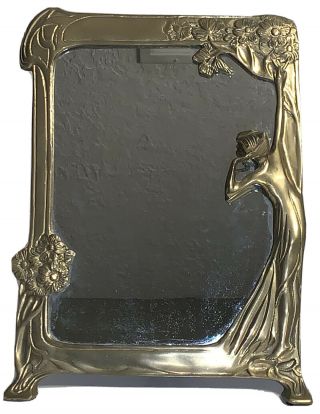 Vintage Art Nouveau Style Solid Brass Framed Vanity Mirror 9” X 12”