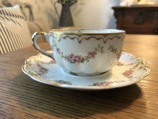 Antique Theodore Haviland Limoges Tea Cup & Saucer Set W/ Pink Roses