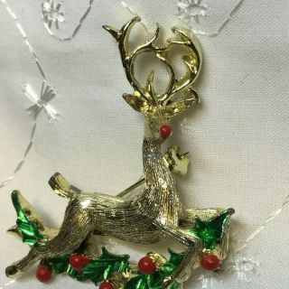 Vintage Signed Gerry ' s Christmas Holiday Brooch Pin Red Nose Reindeer 2