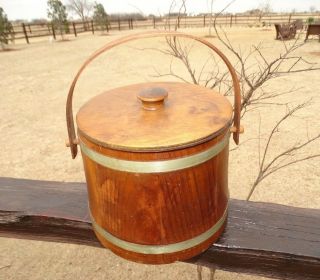173408/ Vintage Wooden Firkin Sugar Bucket Folk Art W Lid / Primitive
