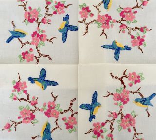 Vintage Hand Embroidered Linen Tablecloth Blue Birds & Cherry Blossom No.  21
