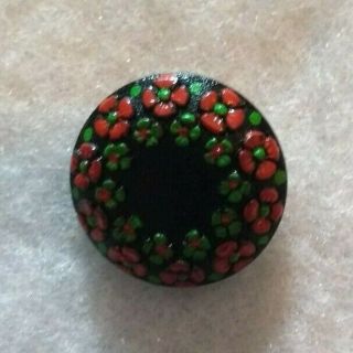 Vintage Black Glass Button With Red & Green Flowers Around Border