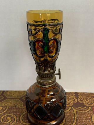 Vintage Sail Boat Brand Hong Kong Hand Painted Amber Glass Oil Lamp Burner