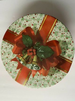 Vintage Christmas Cookie Tin With Red Ribbon Gift Wrap And Bells - Round