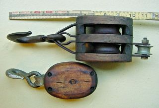 2 Old Block Tackle Vintage Antique Wood Pulley Industrial Ship Farm Barn Tools