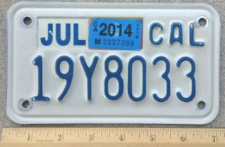 2014 Ca California Mc Motorcycle License Plate 19y8033 - Blue On White -
