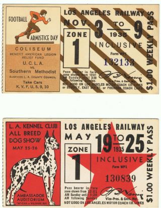 Railway Tram Tickets U S A,  2 No.  Los Angeles Railway,  Weekly Pass,  1935