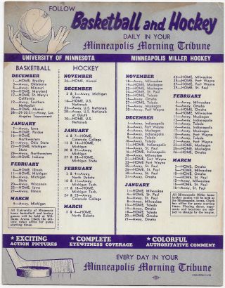 Very Rare 1960 - 61 Minneapolis Miller Ihl Hockey Schedule