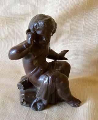 Antique 19th Century Bronze Figure Of A Seated Boy With Quiver