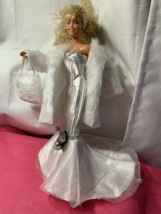 Vtg Barbie Homemade White Gown With Silver Accents White Faux Coat & Purse