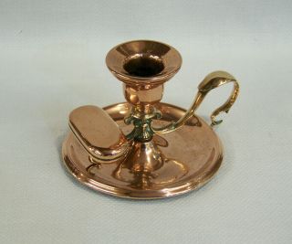 Antique Copper & Brass Chamber Candlestick Go - To - Bed With Vesta Match Holder Box