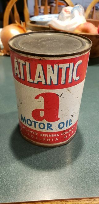 Vintage Antique Rare Advertising Atlantic Aviation Motor Oil Quart Tin Can Old