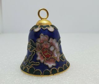 Vintage Cloisonne Enamel Bell Gold & Blue W Pink Rose Floral Decor Or Ornament