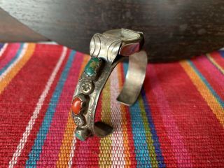 Watch Band Navajo Indian Sterling Silver Turquoise Coral Sign Bm Vintage Antique