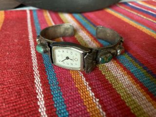 WATCH BAND Navajo Indian STERLING SILVER TURQUOISE Coral Sign BM VINTAGE ANTIQUE 3