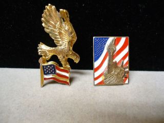 2 Vintage Enameled Red - White & Blue American Flag Patriotic Lapel Brooch Pins
