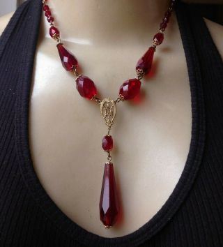 Vintage Necklace Antique Art Deco Red Czech Glass Pendant & Beads