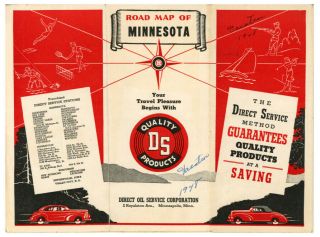 Vintage 1947 Minnesota Road Map From The Direct Oil Service Corp.  (ds)