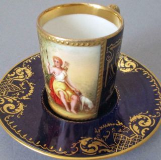 Antique Royal Vienna Hp Porcelain Demitasse Cup,  Saucer Figure W Dog Gilt Trim