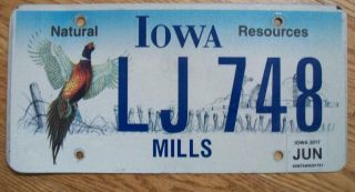 Single Iowa License Plate - Lj748 - Natural Resources - Mills County - Pheasant