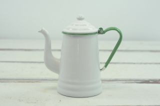 Vintage / Antique Enamelware Coffee Pot White With Green Enamel No Basket Incl.