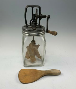 Antique 2 - Qt.  Hand Crank Glass Butter Churn Or Mixing Jar W/ Wood Paddles