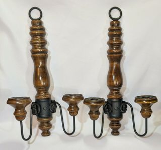 Vintage Retro Wall Sconce Hanging Candle Holder Wood & Metal 18 "