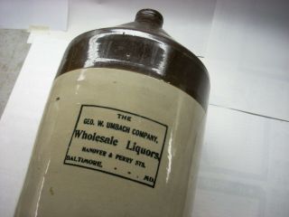 Antique Geo.  W.  Umbach Co.  2 Gallon Stoneware Whiskey Jug Baltimore,  Maryland
